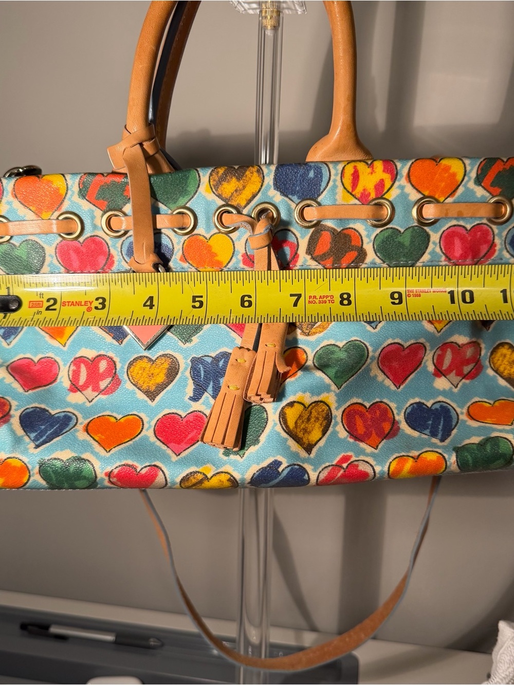 Y2K Dooney & Bourke Turquoise Multicolor Heart Print Leather-Trim Tote - Picture 7 of 8